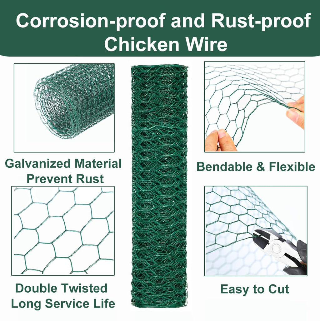 Chicken Wire for Floral Arrangements, 16 x 236 Inches Green Floral Chicken Wire Mesh, 0.6 Inch Hexagonal Galvanized PVC Coated Garden Mesh Netting Fence for Crafts Poultry Garden with 100pcs Ties