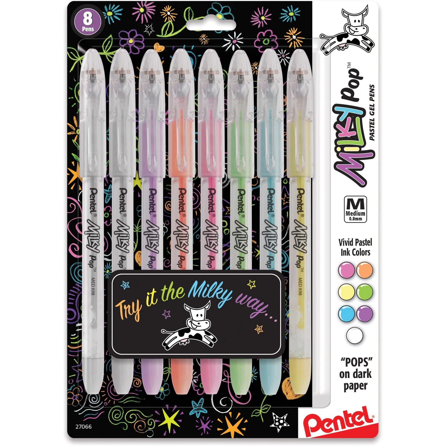 Pentel Milky Pop Pastel Gel Pen, (0.8mm), Medium Line, Assorted Colors, Pack of 8 (K98BP8M)