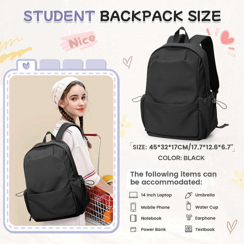 School Backpack for Women Men College High School Bag for Boys Girls Casual Daypack Laptop Backpack Waterproof Black Bookbag