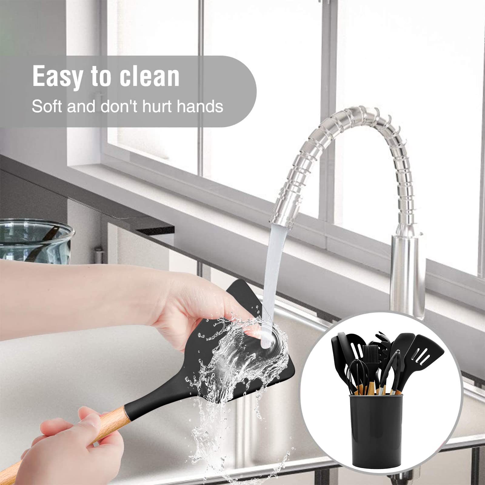 Cooking Utensils Set, 22 Pcs Heat Resistant Silicone Kitchen Utensils Spatula Set with Holder, Kitchen Gadgets Utensil Set for Nonstick Cookware (Black)