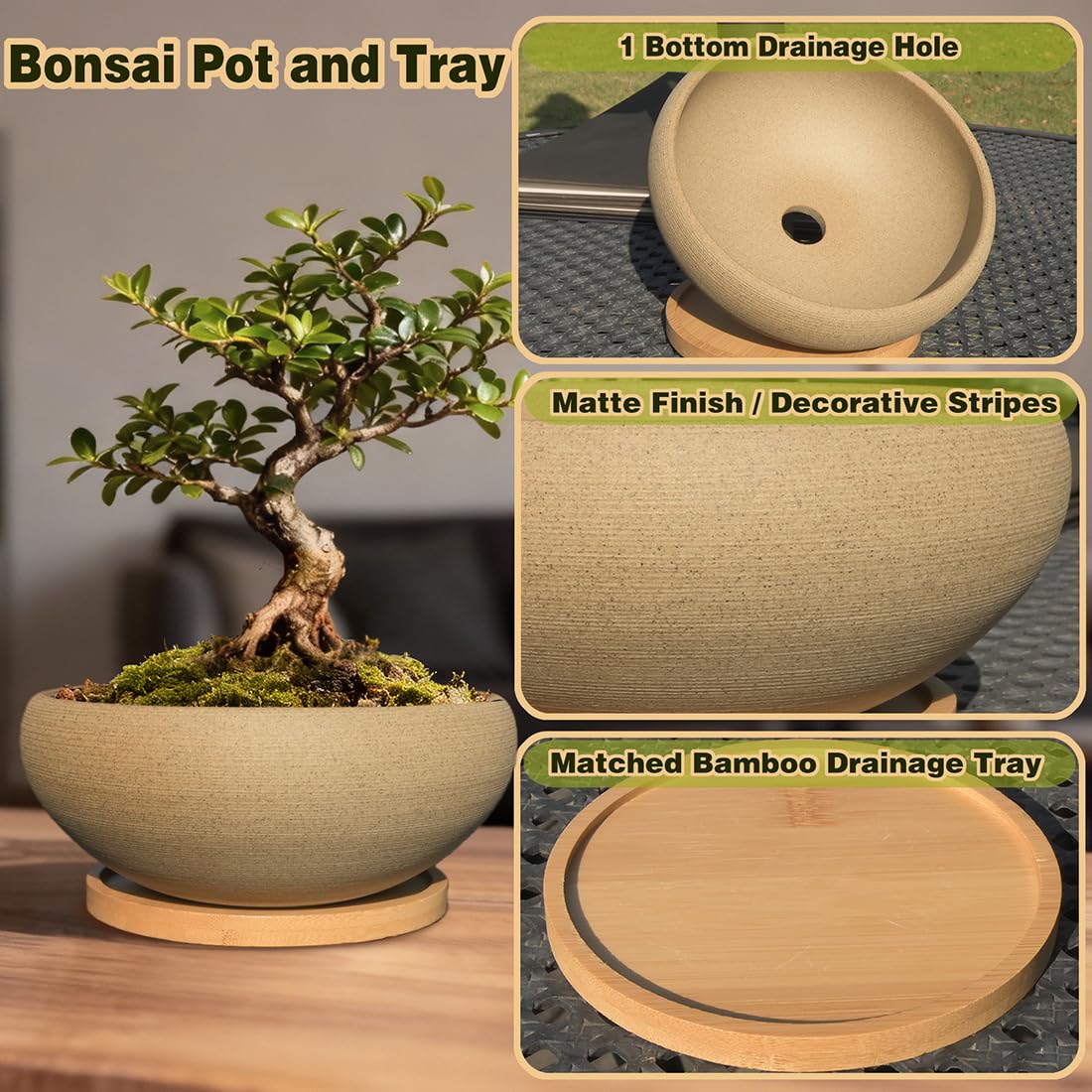 MUZHI Round Unglazed Ceramic Bonsai Pot with Bamboo Tray, Large Rough Pottery Succulent Planter with Drainage Hole 8 inch (6.5”)