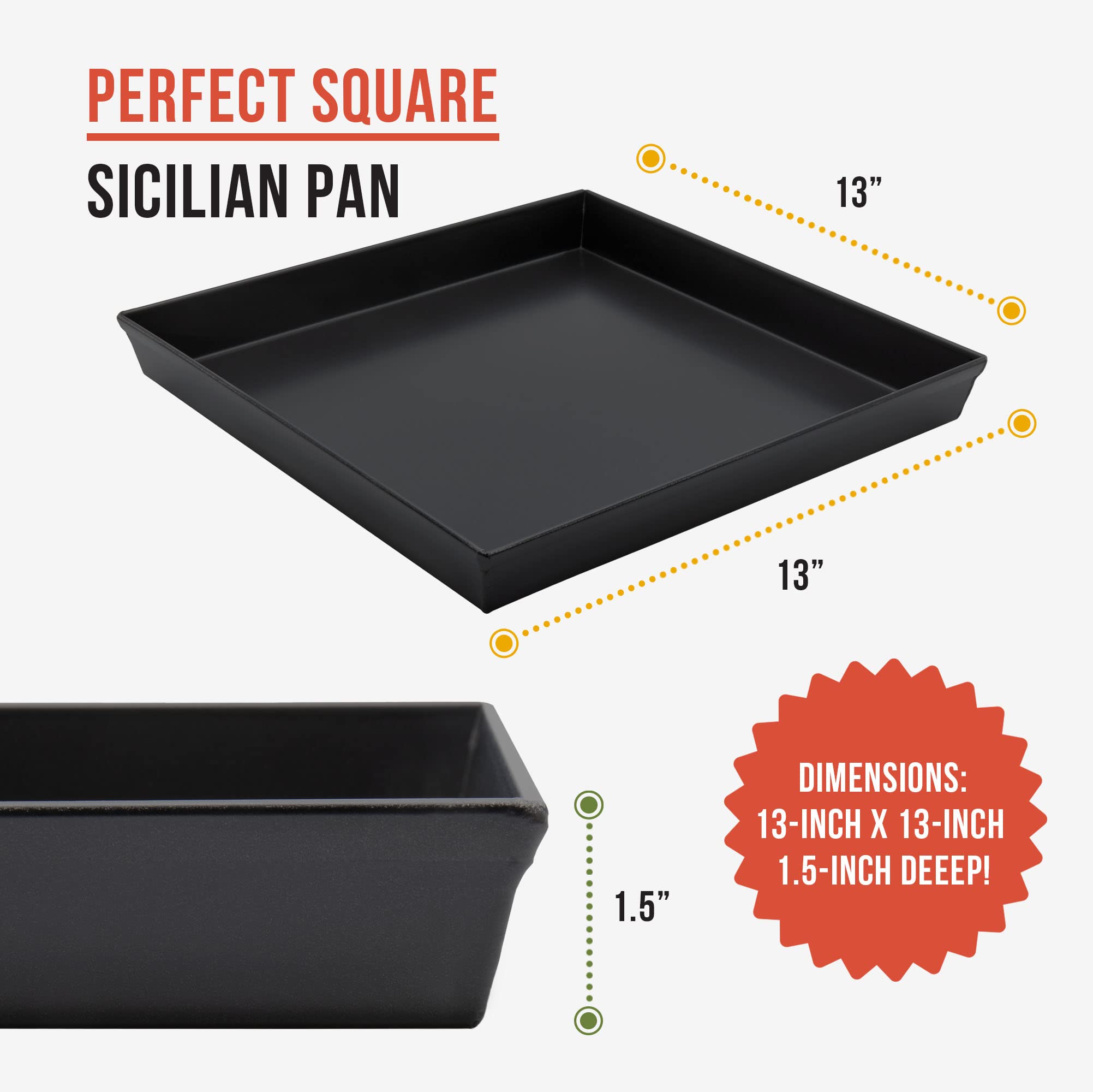 Chef Pomodoro Sicilian Deep Dish Square Pizza Pan, 13.2 x 13.2 Inch, Non-Stick Aluminum, Focaccia Crust, Dough Pre-Seasoned Bakeware Kitchenware