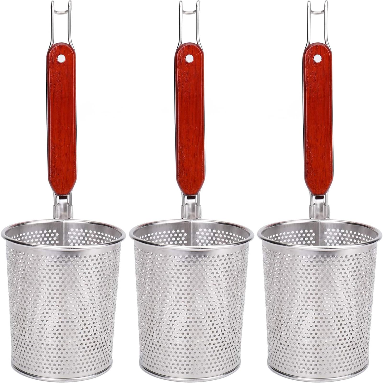 Lawei 3 Packs Mesh Pasta Basket with Wooden Handle Stainless Steel Mesh Spider Strainer for Pasta, Noodles, Dumpling