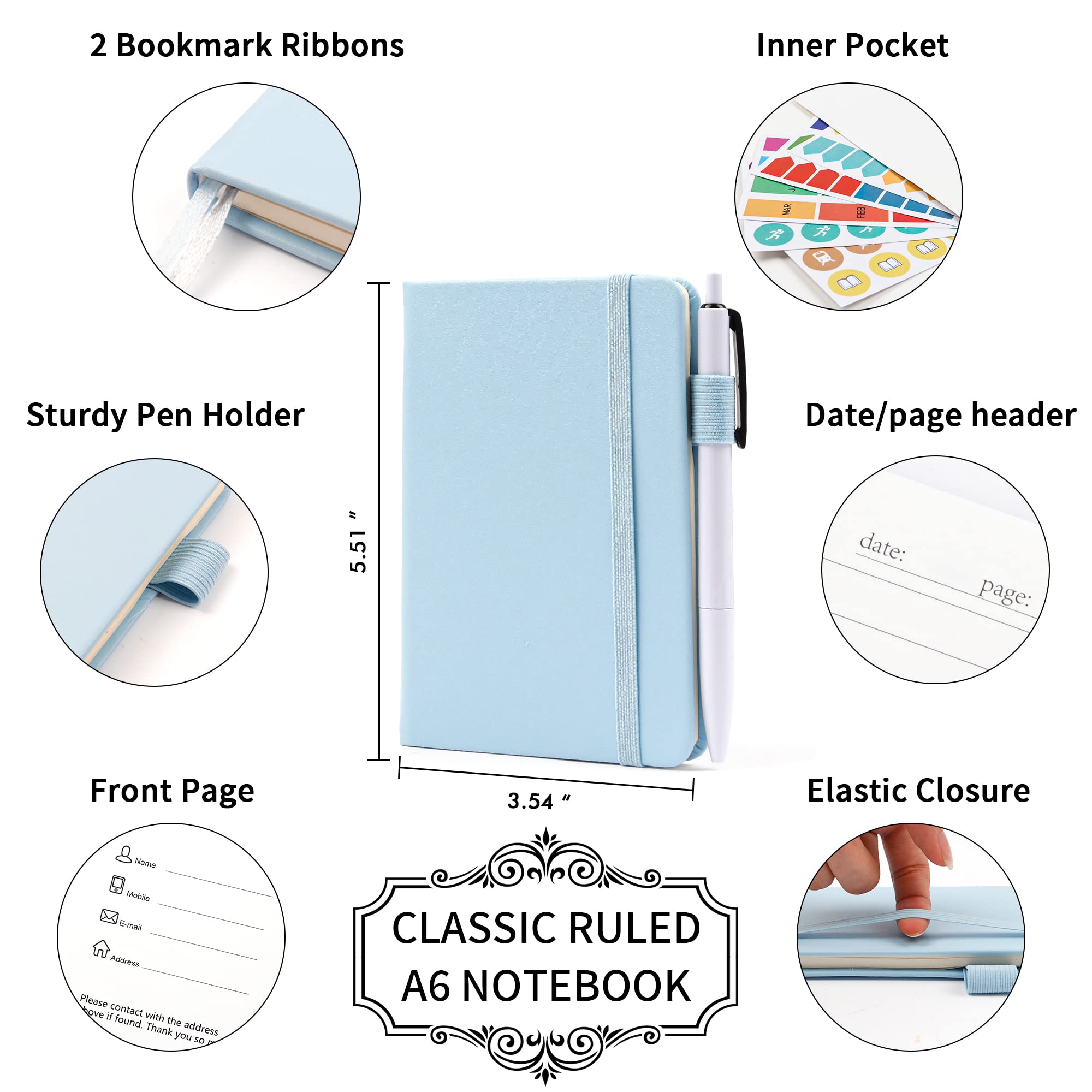 feela 6 Pack Pocket Mini Notebooks Bulk, Small Cute Memo Notepads Hardcover College Ruled Lined Journals with Pen Holder for School Business Work, with 6 Black Pens, 3.5”x 5.5”, A6, Light Blue