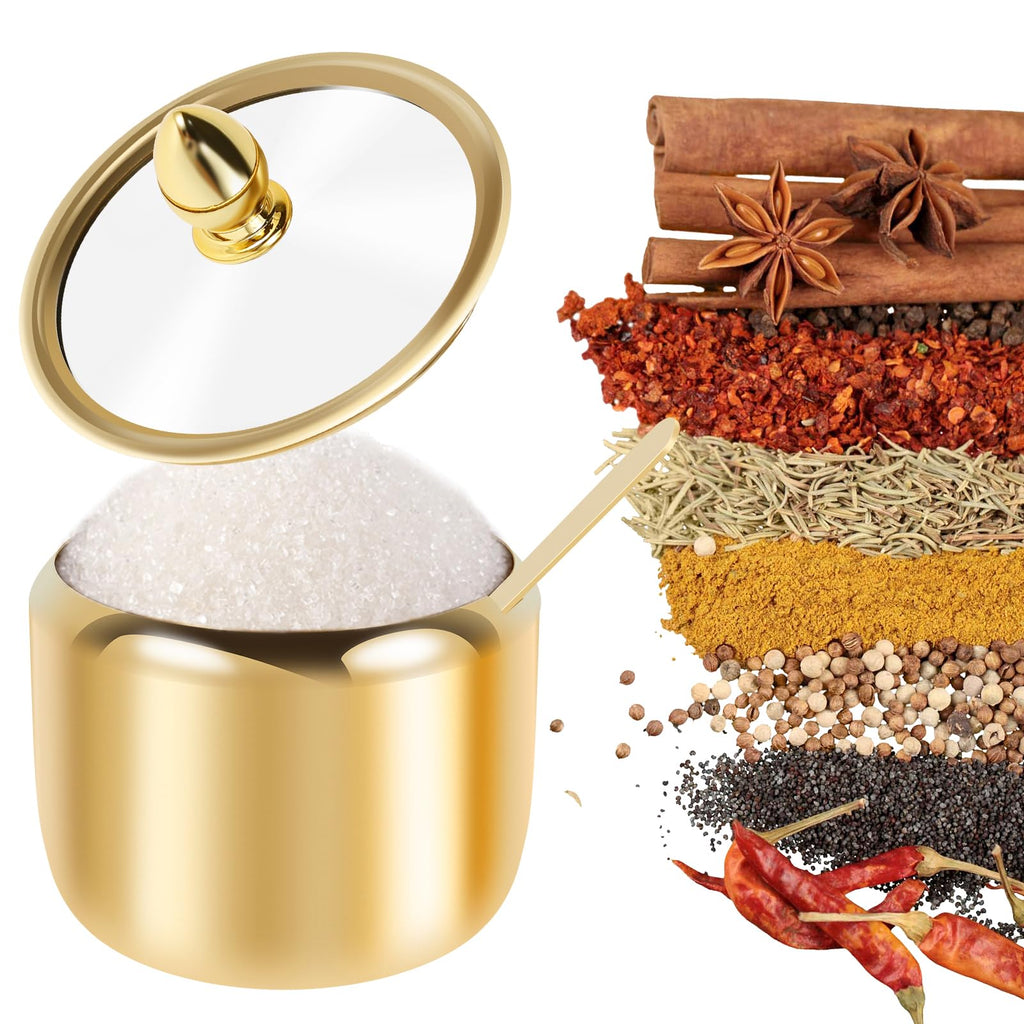 Spice Jar 304 Stainless Steel Sugar Container 10oz Sugar Jar with Clear Glass Lid and Spoon Gold Sugar jar Dishwasher Safe Seasoning Box Condiment Pot for Salt Candy Coffee Bean