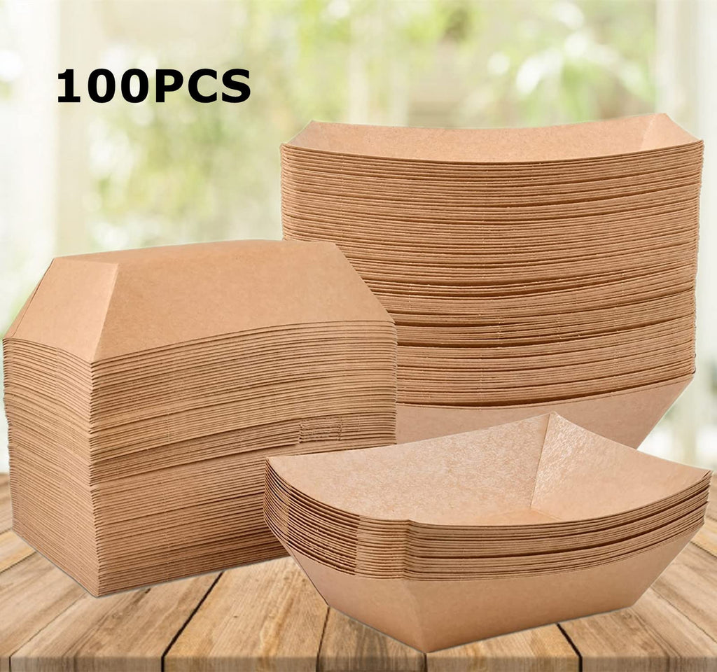 Paper Food Boats, 100 PCS Disposable Brown Kraft Snack Trays, Salad Dressing Plates, Greaseproof Souffle Cups French Fries Taco Holder Party Serving Bowls for Birthday Wedding Picnic BBQ Parties
