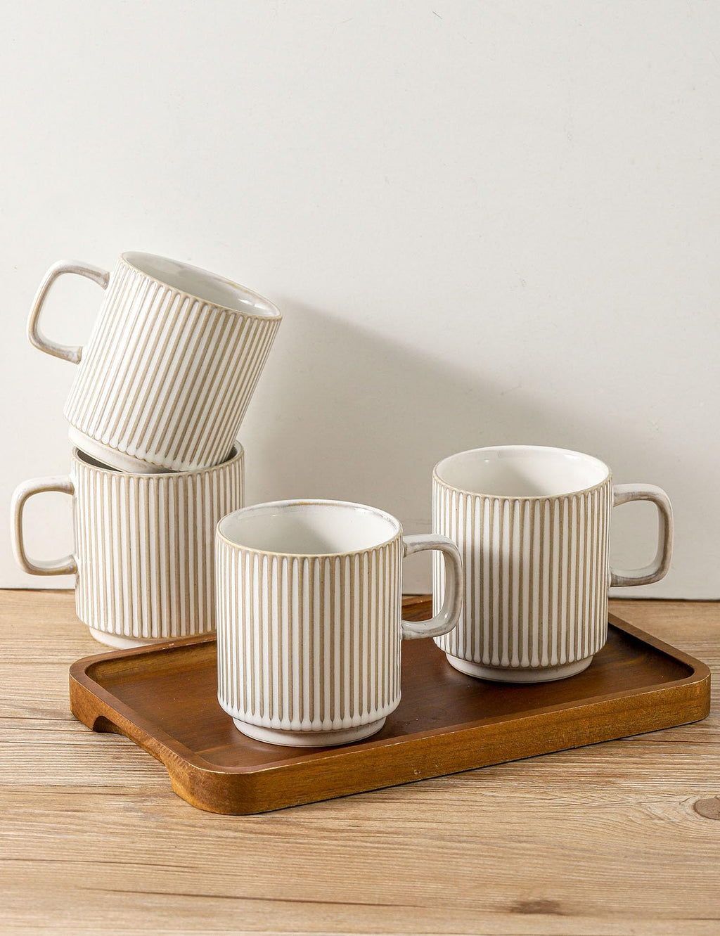 Seyatoo Coffee Mugs Set of 4, Ceramic Ribbed Coffee Mug, Tea Coffee Cups Set with Handle, Porcelain Mug for Americano, Latte, Cappuccino, Hot Chocolate, Glazed White