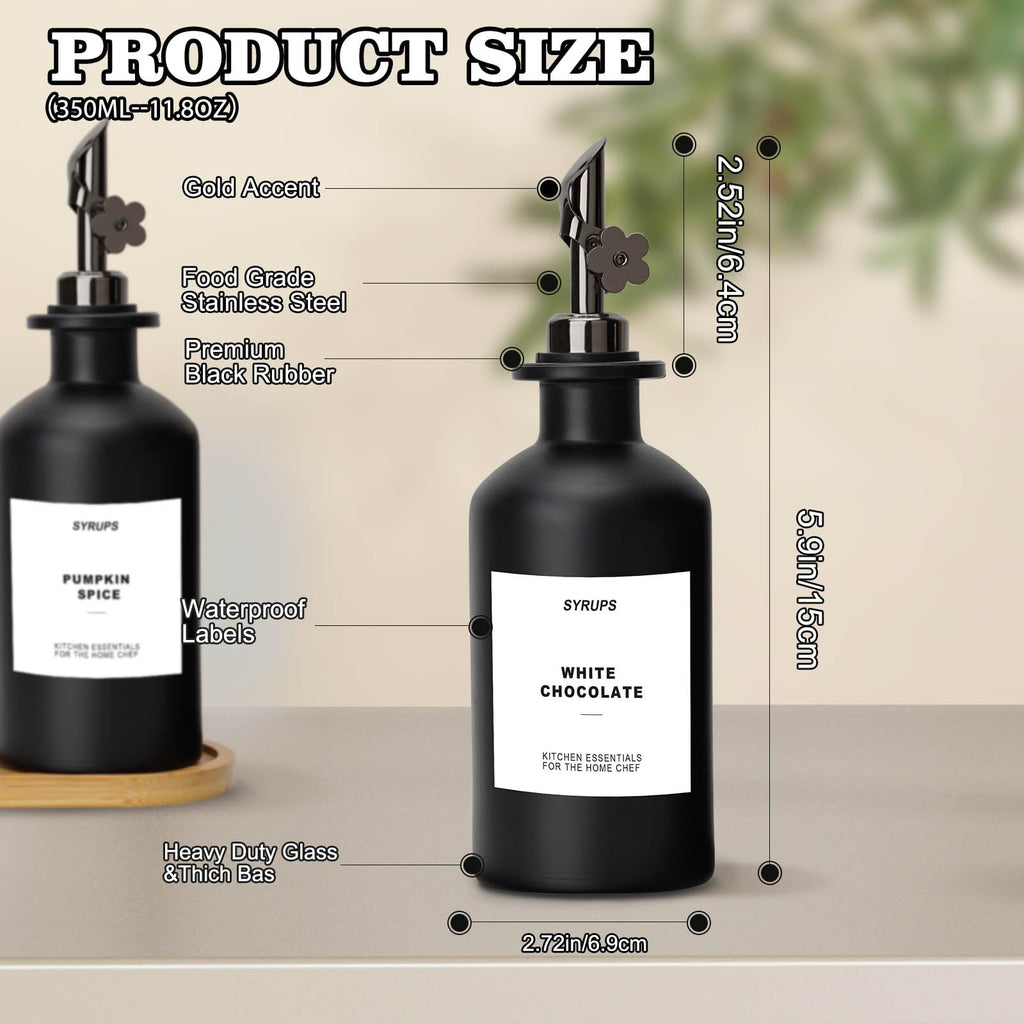 Sunal Olive Oil Dispenser Bottles with Tray,Set of 2 Black Olive Oil Dispenser,350ml/11.8oz Glass Oil and Vinegar Dispenser Set for Kitchen with Weighted Pourer and Waterproof Label&Silicone funnel