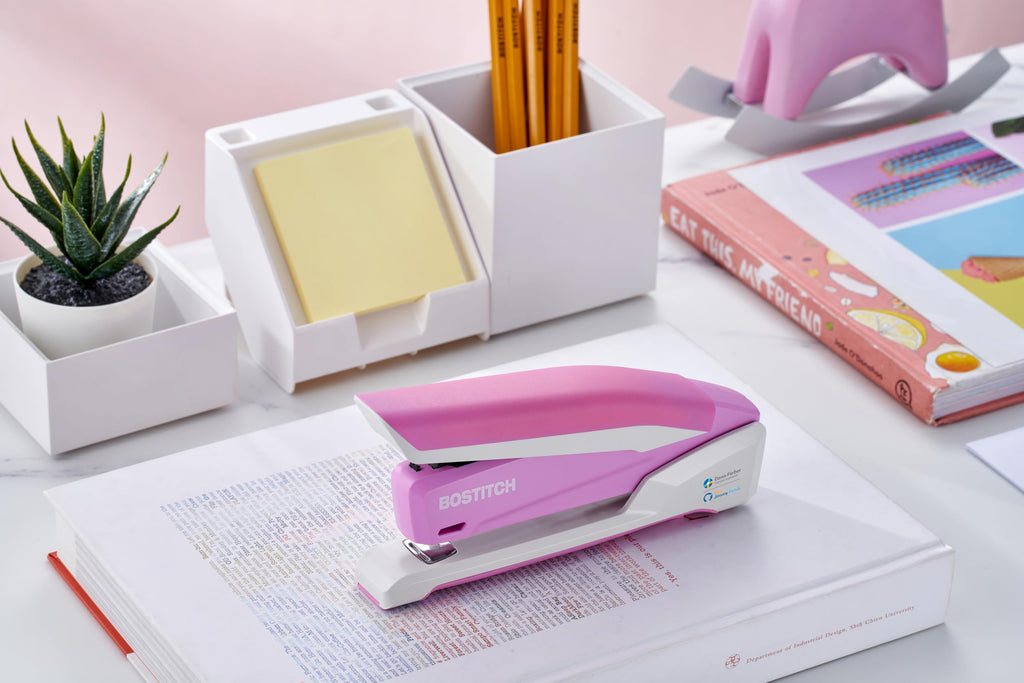 PaperPro inPOWER20 - 3 in 1 Stapler - One Finger, No Effort, Spring Powered Stapler, Breast Cancer Awareness Pink (1188)