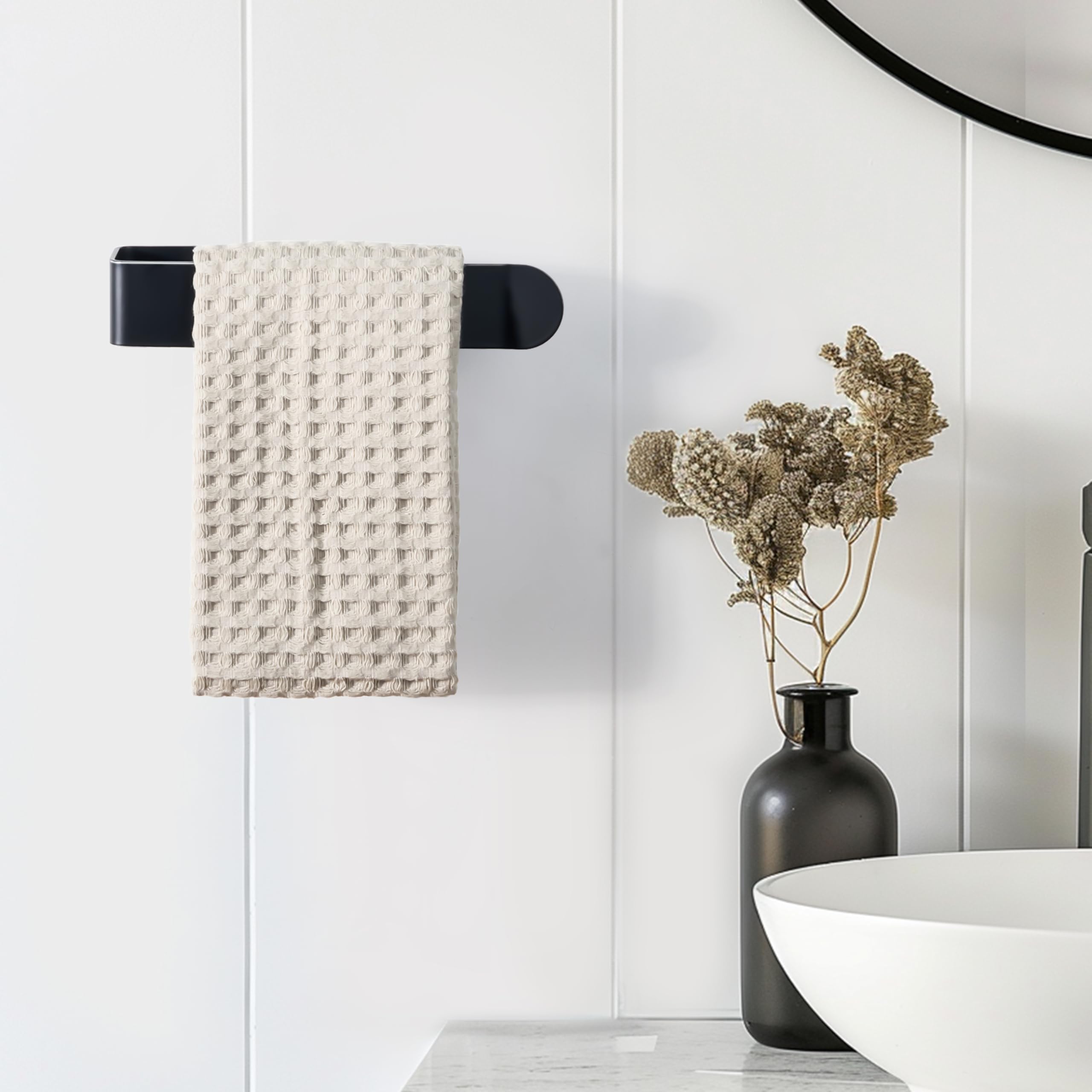 8 Inch 2 Pack Hand Towel Holder, Self Adhesive Towel Bar for Bathroom, Rustproof Aluminum U-Shape Towel Rack Stick on Wall, Black