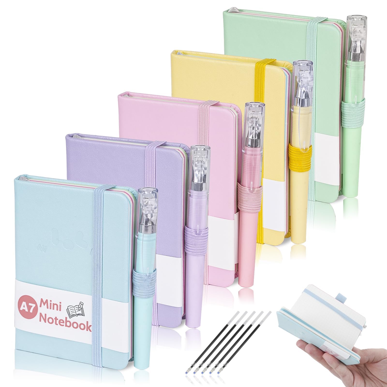 Mulaibdin 5 Pcs Pocket Notebook, Small Journaling Notebooks Pocket Size, A7 Cute Notebook with Pen, Small Notepads with Elastic Band, Portable Mini Leather Notepad for School,Office, Memos,Journal(200 Page)