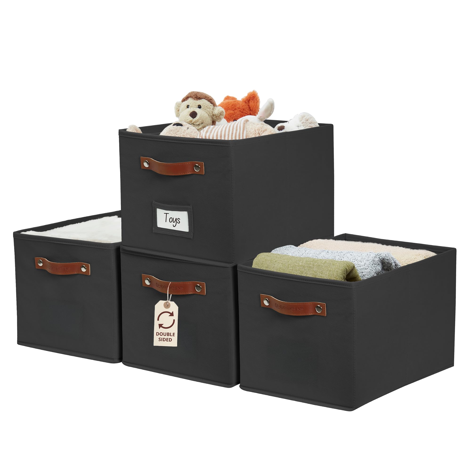DECOMOMO Storage Baskets for Shelves, 15x11x9.9 inches Foldable Storage Bins with Labels (Black, 4pcs)