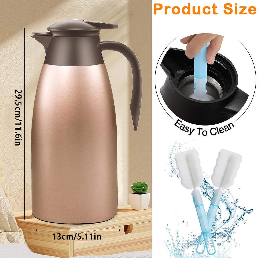 2 Pcs 68oz Stainless Steel Thermal Coffee Carafes, Double Walled Vacuum Carafe,Thermal Pot Flask for Coffee,Tea,Hot Water,Hot Beverage,12 Hours Hot, 24 Hours Cold (Silver, Rose Gold)