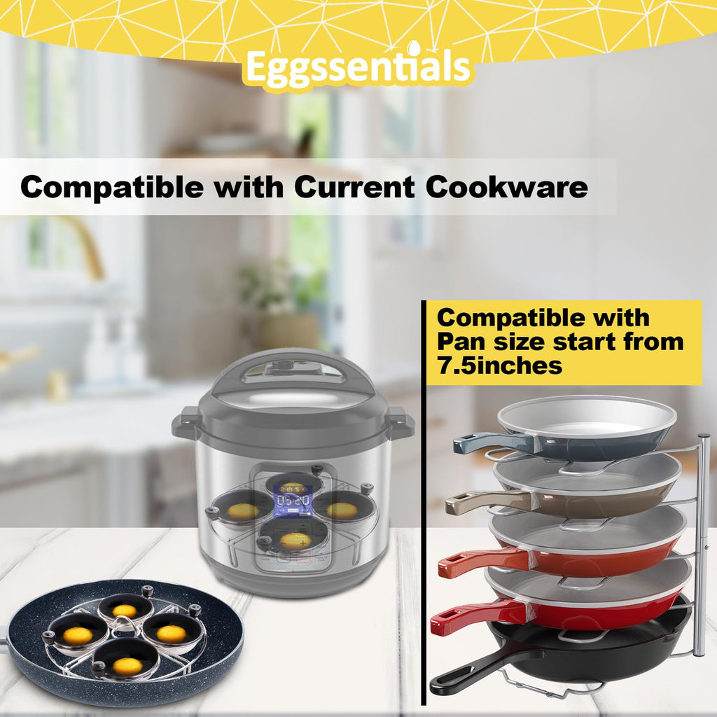Eggssentials Stainless Steel Egg Poacher Pan Insert | 4 Poached Egg Cups PFOA Free Nonstick | 7.25 inch Rack Compatible with Skillet Instant Pot Pressure Cooker | Hard Boiled and Poached Egg Maker …