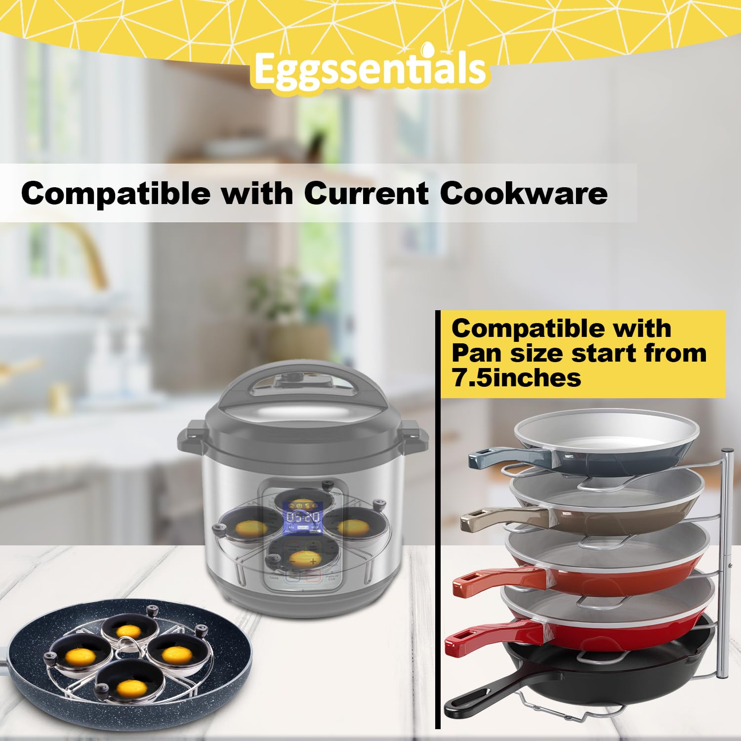 Eggssentials Stainless Steel Egg Poacher Pan Insert | 4 Poached Egg Cups PFOA Free Nonstick | 7.25 inch Rack Compatible with Skillet Instant Pot Pressure Cooker | Hard Boiled and Poached Egg Maker …