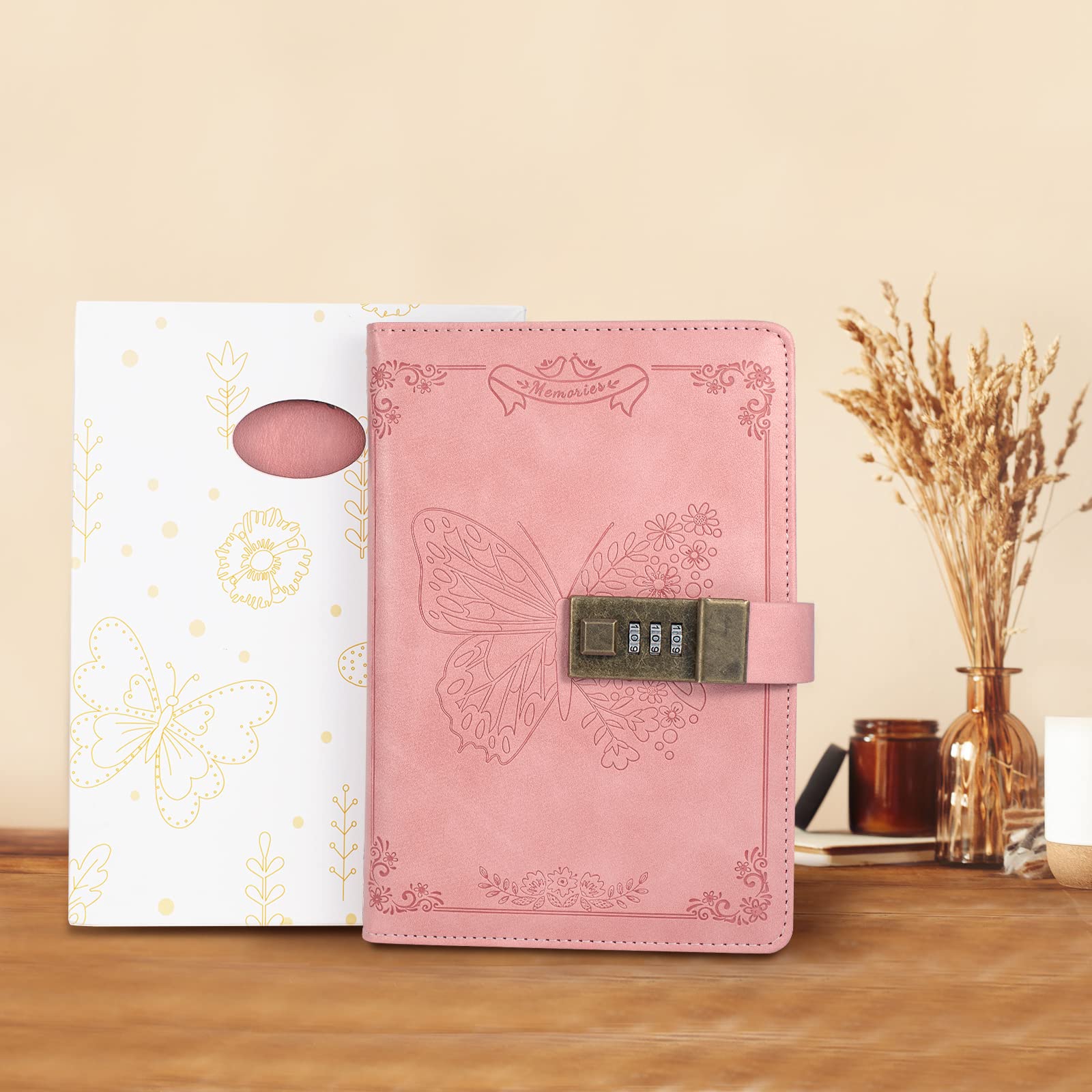 Diary with Lock, Journal for Women Girls, Vintage Refillable Secret Journal, Locking Notebook Gift for Girls with Combination Lock, 5.3'' x 7.8'' (Pink)
