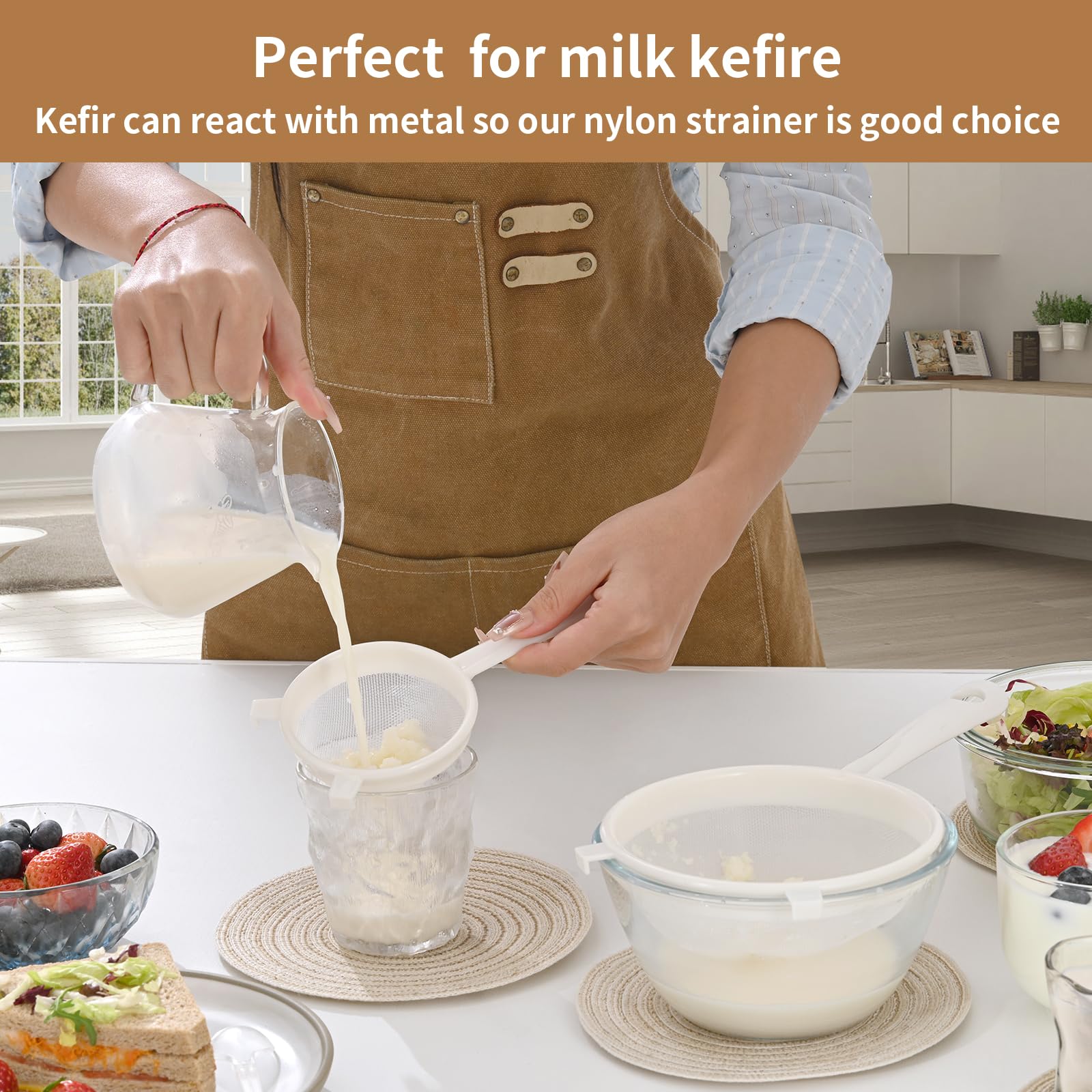 Kefir Strainer Set, 3-Size Plastic Non-Metal Sieve with Fine Mesh for Kefir Grains, Milk Kefir, Water Kefir & Kombucha & Quinoa - Durable, Food Grade & Easy Clean