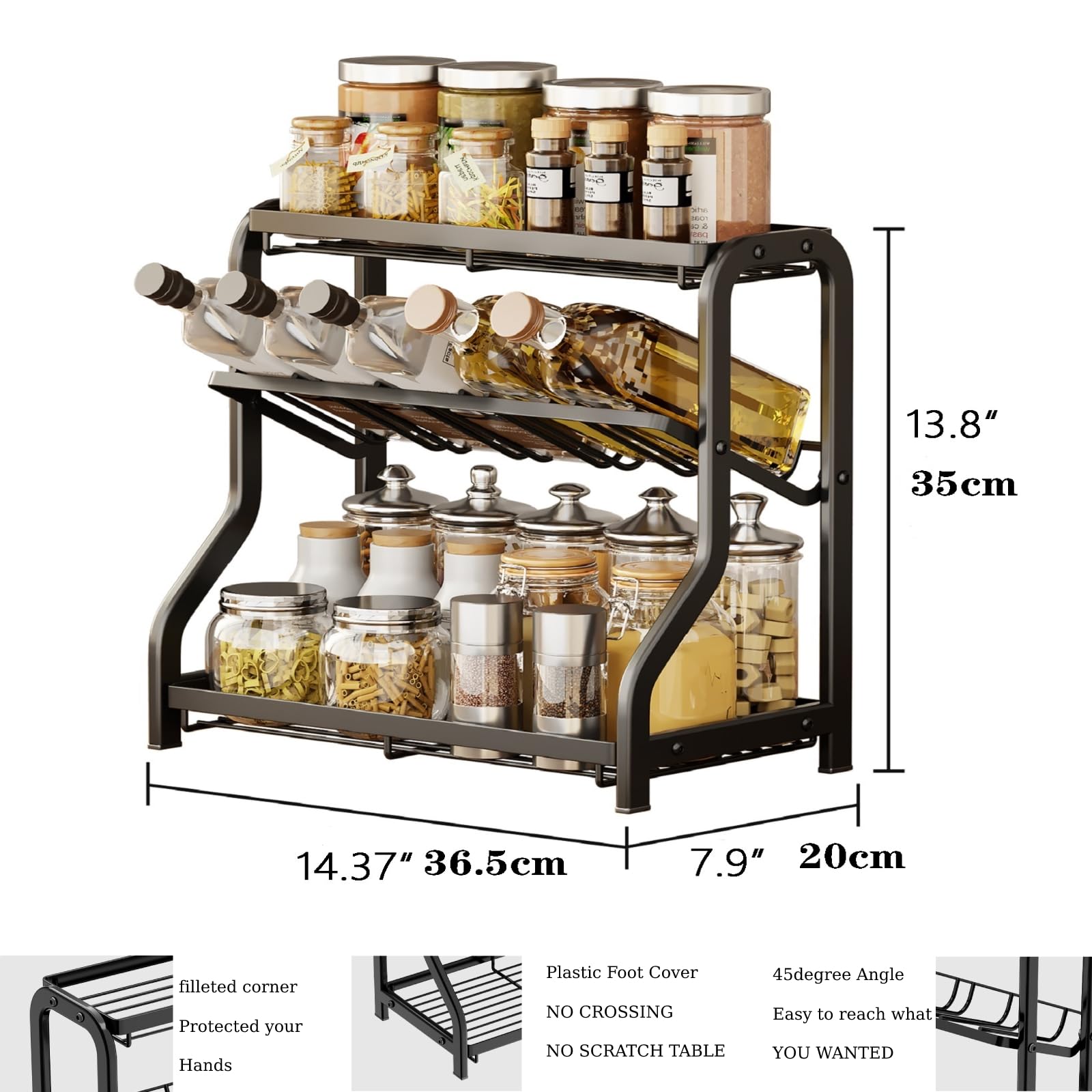 DadaoEC 3 Tier Countertop Organizer For Kitchen Black Steels Cooking oil bottle and Spice Seasoning Sauce storage rack Metal counter shelf for Cupboard