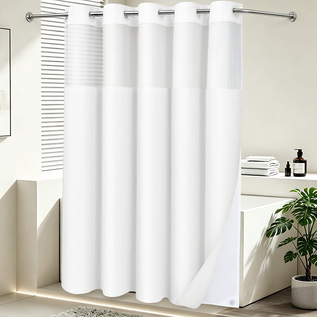 No Hook Shower Curtain with Snap in Fabric Liner- Hotel Style Waffle Weave Shower Curtains with See Through Top Window for Bathroom,White,71" W x 74" L