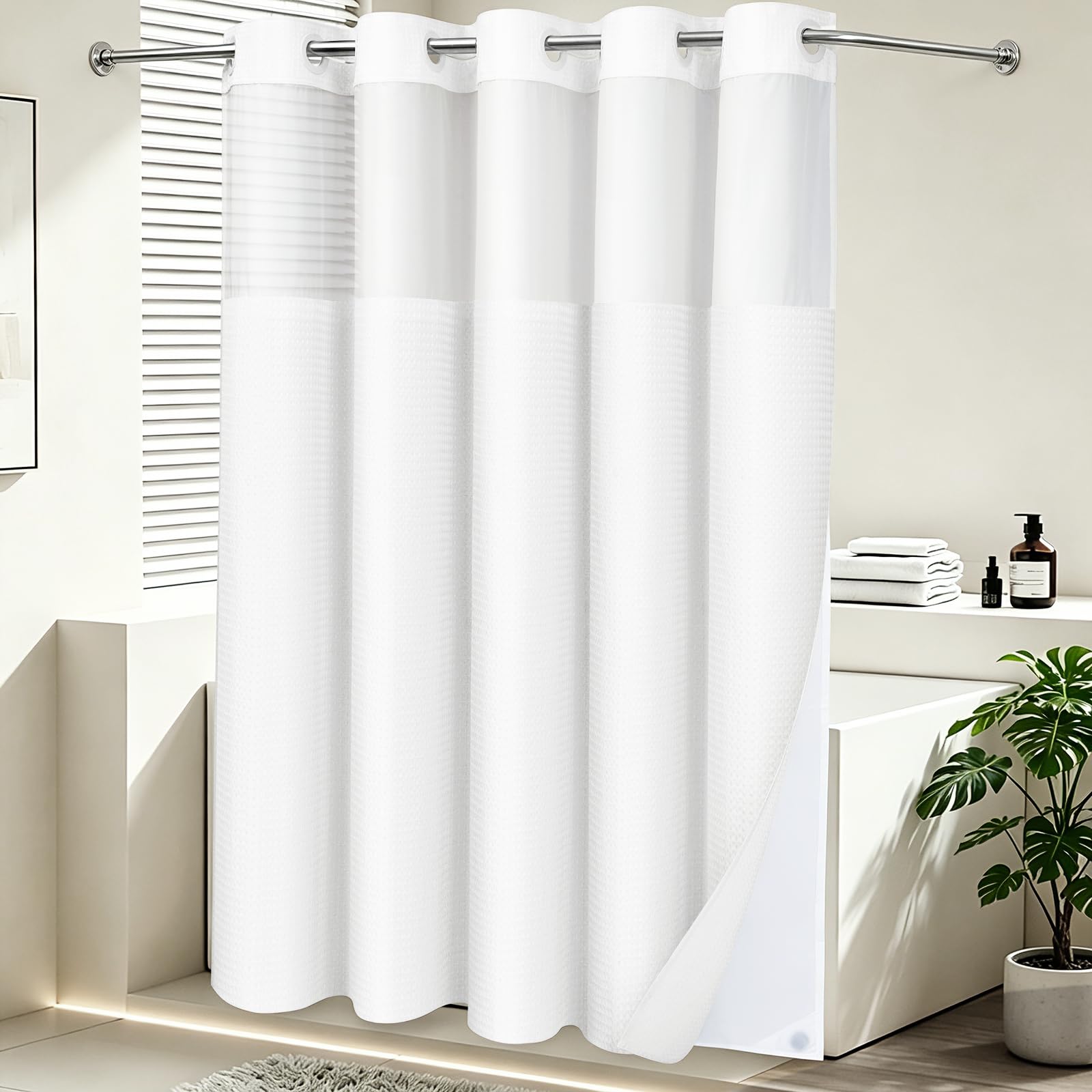 No Hook Shower Curtain with Snap in Fabric Liner- Hotel Style Waffle Weave Shower Curtains with See Through Top Window for Bathroom,White,71" W x 74" L