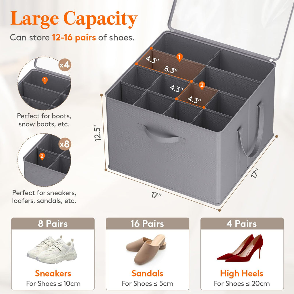 Lifewit Shoe Storage Organizer for Closet, Shoe Box Storage Containers with Clear Cover and Reinforced Handles, Large Shoe Slots Foldable Storage Bins for Boots Heels Sneakers, 2 Pack, 24 Cell, Gray