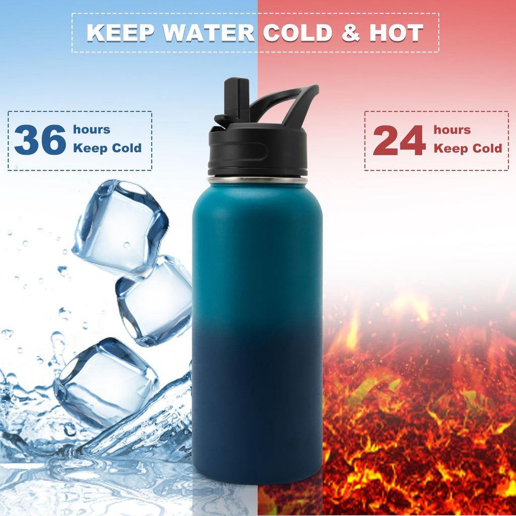 Insulated Water Bottle, 32oz Vacuum Stainless Steel Metal Sports Water Bottles with Stickers, Straw & Spout Lid (2 Lids), Double Walled to Keeps Hot and Cold, Leak Proof, BPA-Free, 32oz (Green Blue)