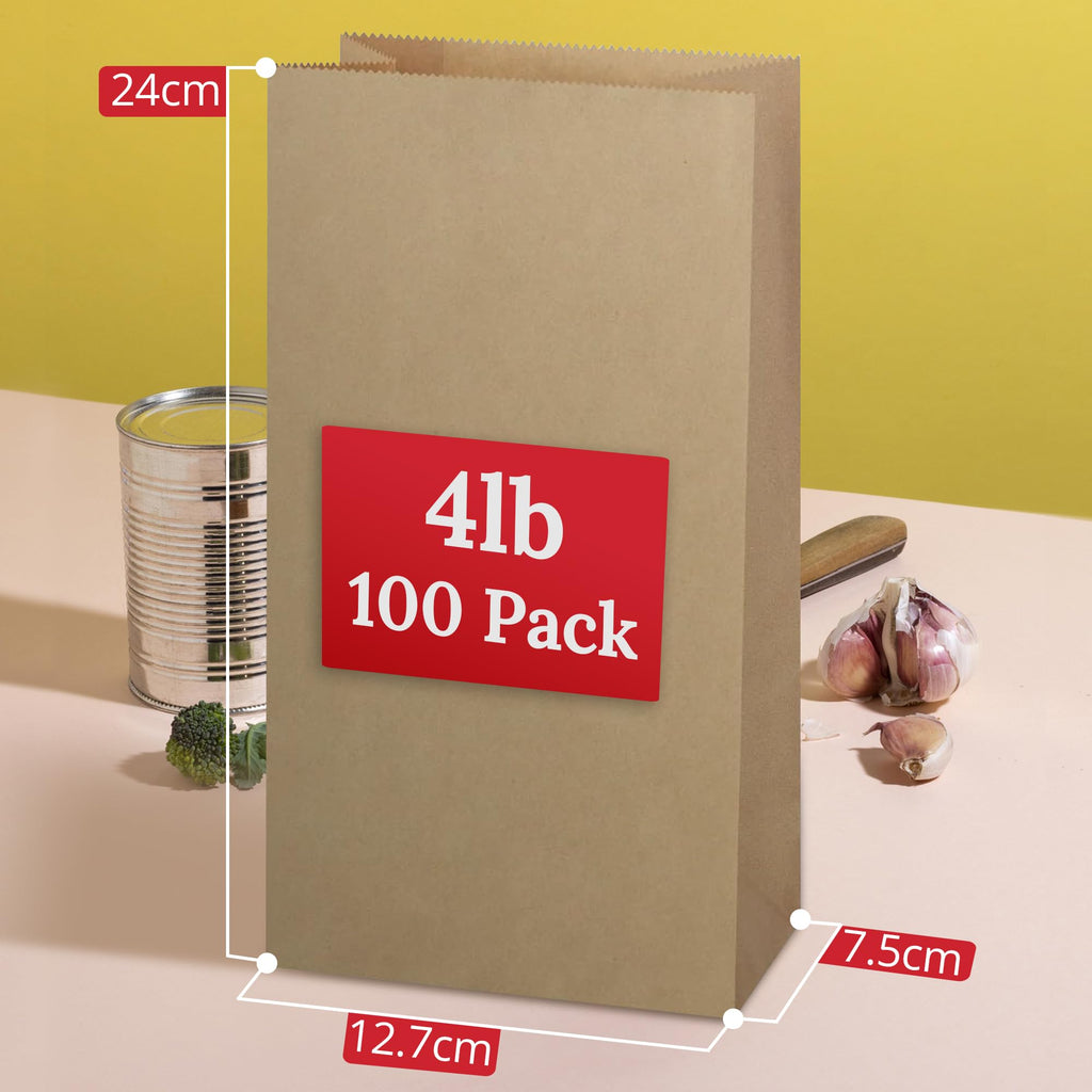 Brown Paper Lunch Bags - [100 Count] - (4 LB) - Recyclable Kraft Paper Bags with Self-Standing Design for Easy Packing - Craft Paper Bags Ideal for Lunches, Snacks & DIY Projects