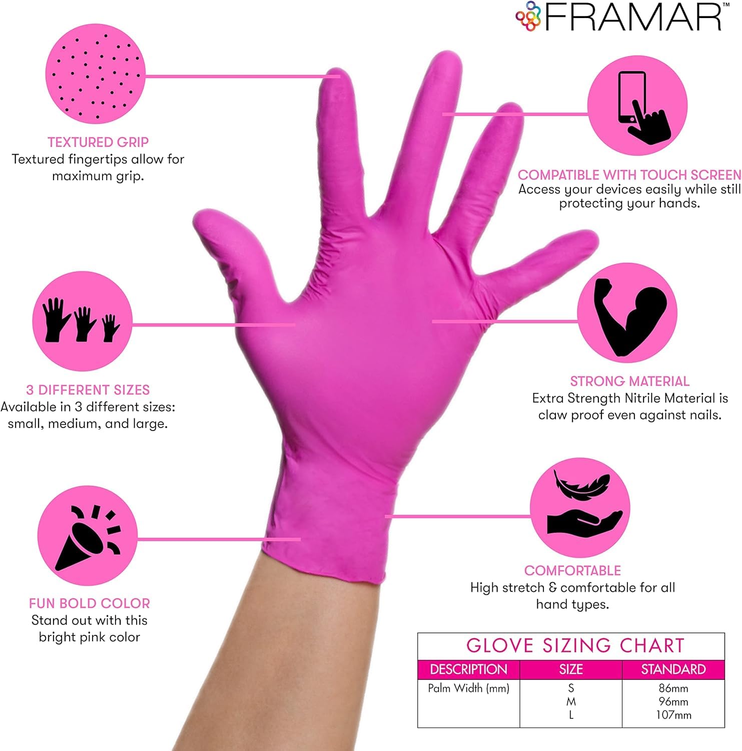 FRAMAR Pink Nitrile Gloves Medium - Disposable Gloves Medium, Cleaning Gloves, Kitchen Gloves, Latex Free Gloves Disposable, Gants Nitrile, Gants Jetables