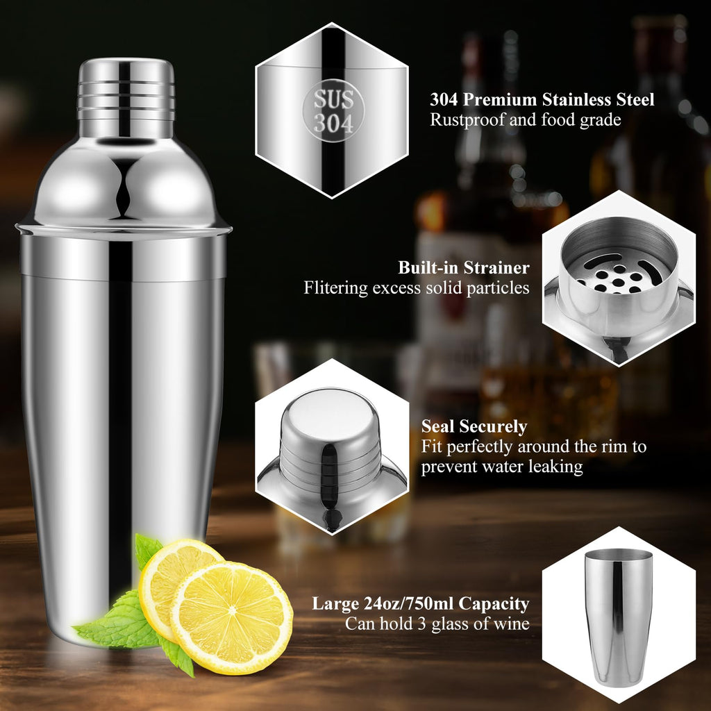 HANFLLC 24oz Cocktail Shaker Set, Drink Shaker Cocktail Kit 304 Stainless Steel, Martini Shakers with Strainer, Bar Drink Shakers for Cocktail with Mixing Spoon & Double Sided Jigger Men Gifts Ideas