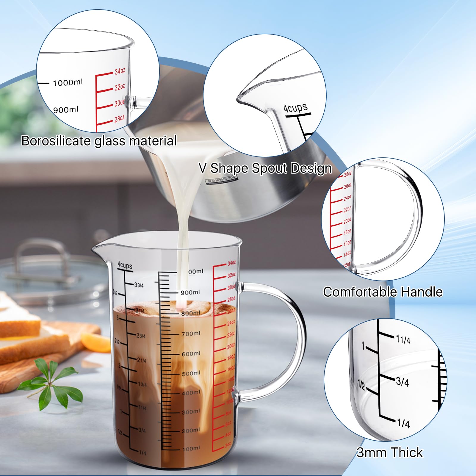 Worldity 33.82OZ/1000ML 4 Cup Glass Measuring Cup with V-Shaped Spout & Triple Scales, Heat Resistant Borosilicate Glass Measuring Cup with Handle, 3 Scales (ML/OZ/Cup) for Kitchen Baking, Restaurant