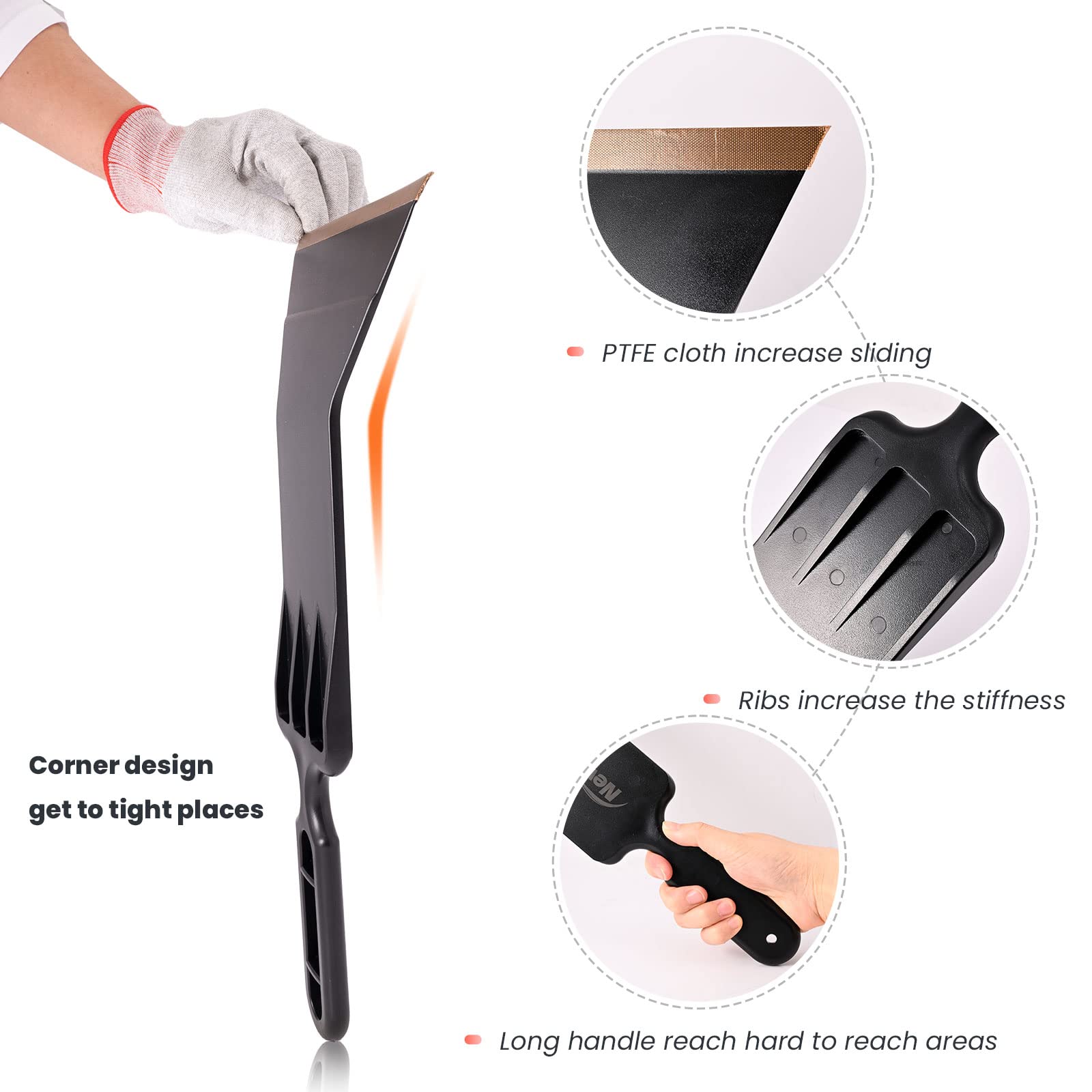 NEWISHTOOL Window Tint Tools Bulldozer Squeegee Kit, Black Wide Mouth & Scrubber Paddle Scraper with Spare Scouring Pads for Windshield Cleaning Window Film Installing, Long Handle Tint Tools
