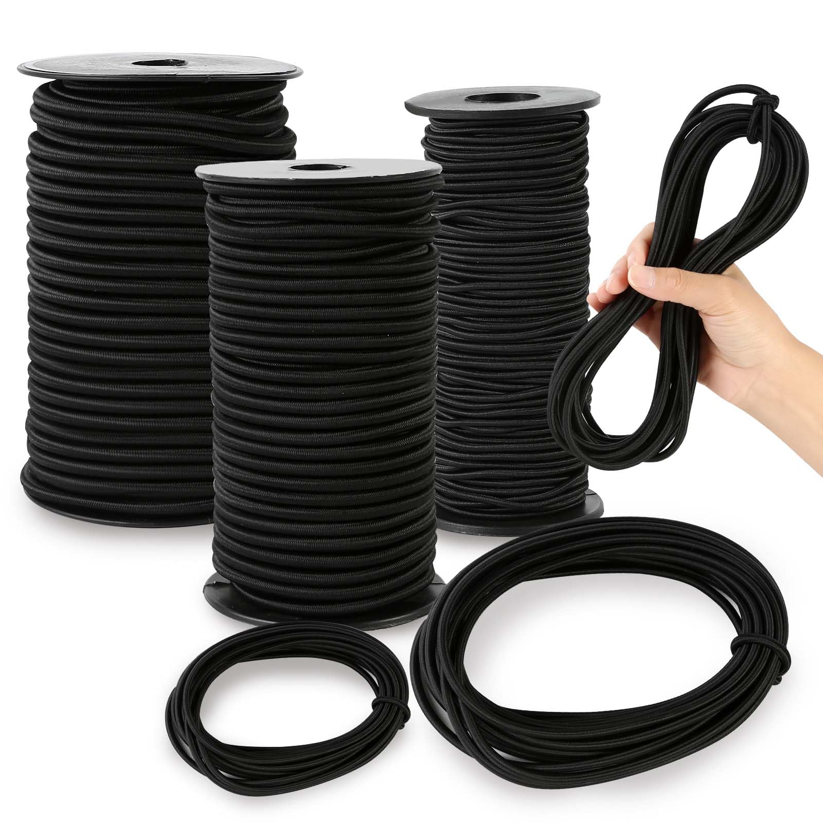 Zakous Strong and Durable Bungee Cord Roll - 3/16" x 100ft Elastic Cord, Kayak Stretch String Rope, Bungee Shock Cords for Repairing Tent Poles, DIY, Tie Downs, Black
