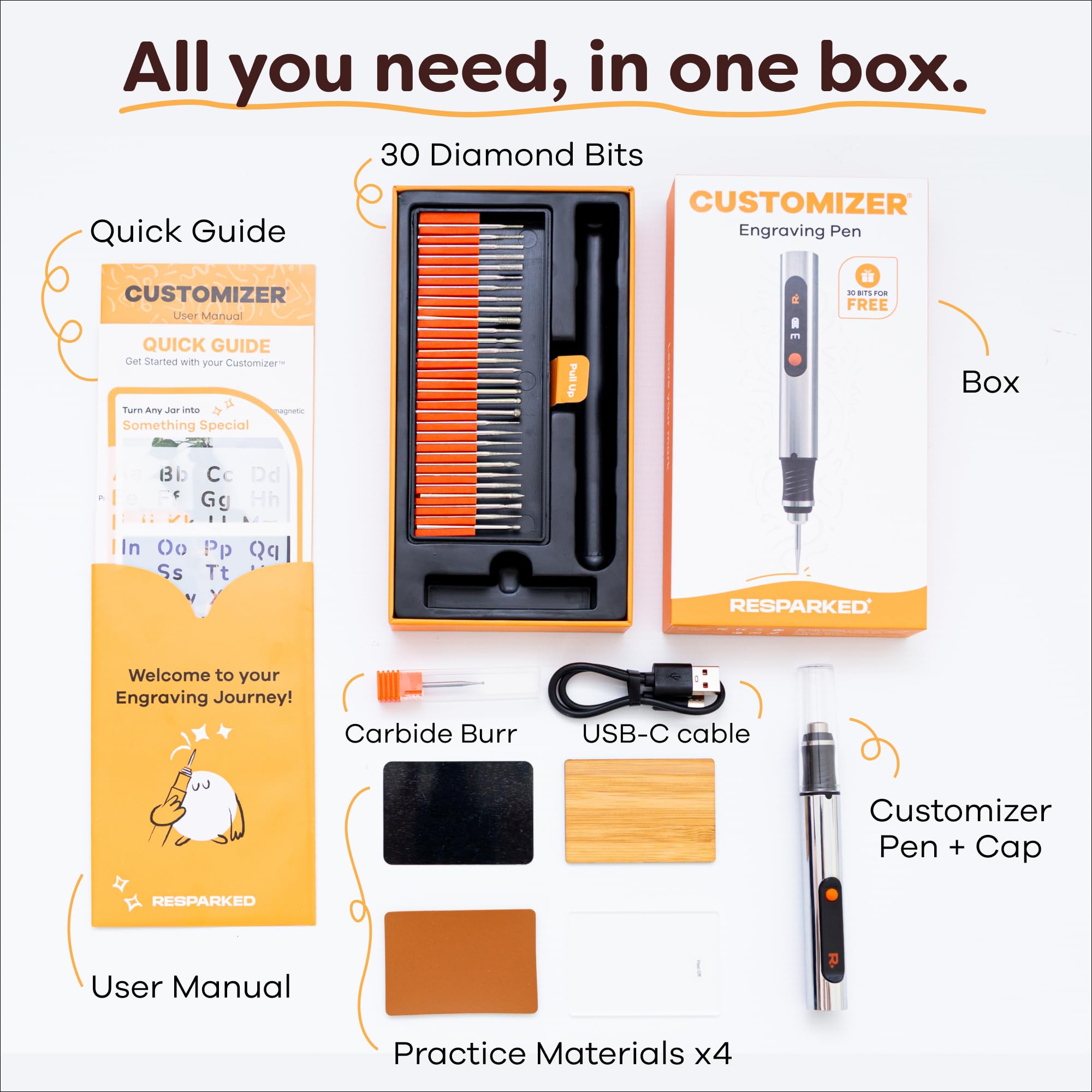 Resparked Customizer Engraving Pen: Ultimate Cordless Portable for Artists & DIYers - Engrave 50+ Surfaces - Beginner Friendly - Rechargeable - Free 30 Bits & Mastery Guide