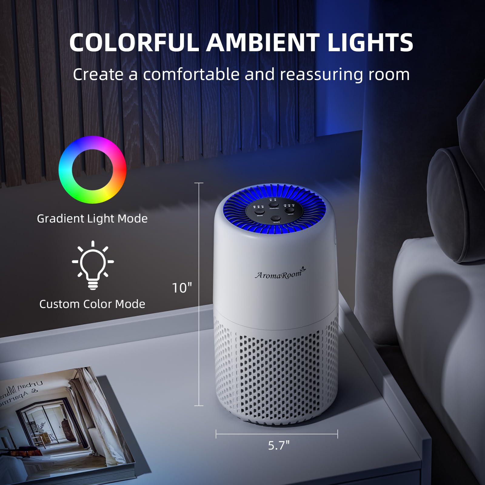 Air Purifier for Home Bedroom, AromaRoom H13 HEPA Air Filter For Smoke Pollen Dander Hair Smell Air Cleaner, 3-in-1 Filter with Sleep Mode, Quiet Air Cleaner For Pets, Home, Baby Room (White, AP103)