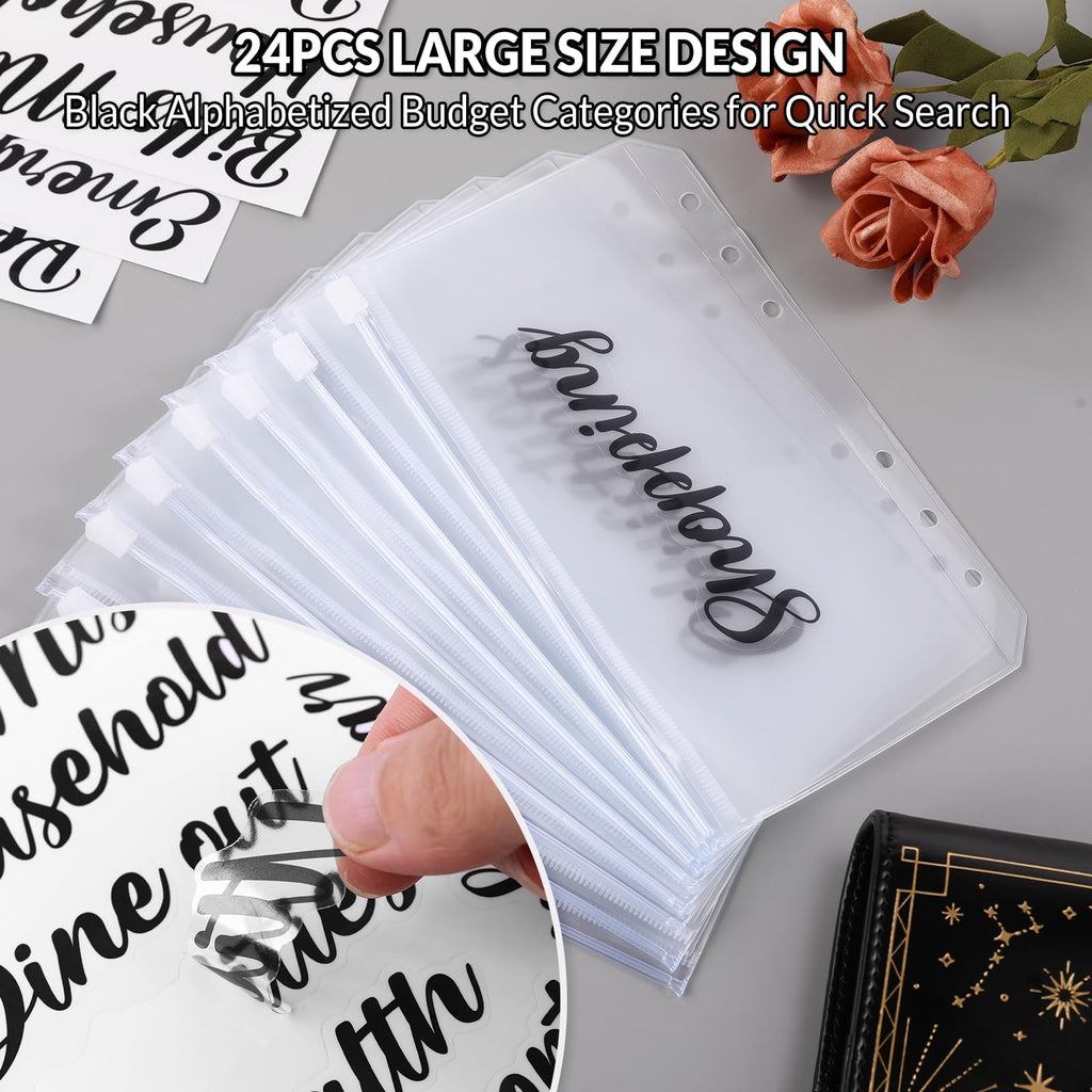 SKYDUE A6 Budget Binder with 8pcs Zipper Envelopes, Money Organizer for Cash with 12pcs Expense Budget Sheets & 24 Blak Sticky Labels, Budget Book with Cash Envelopes (Golden Black)