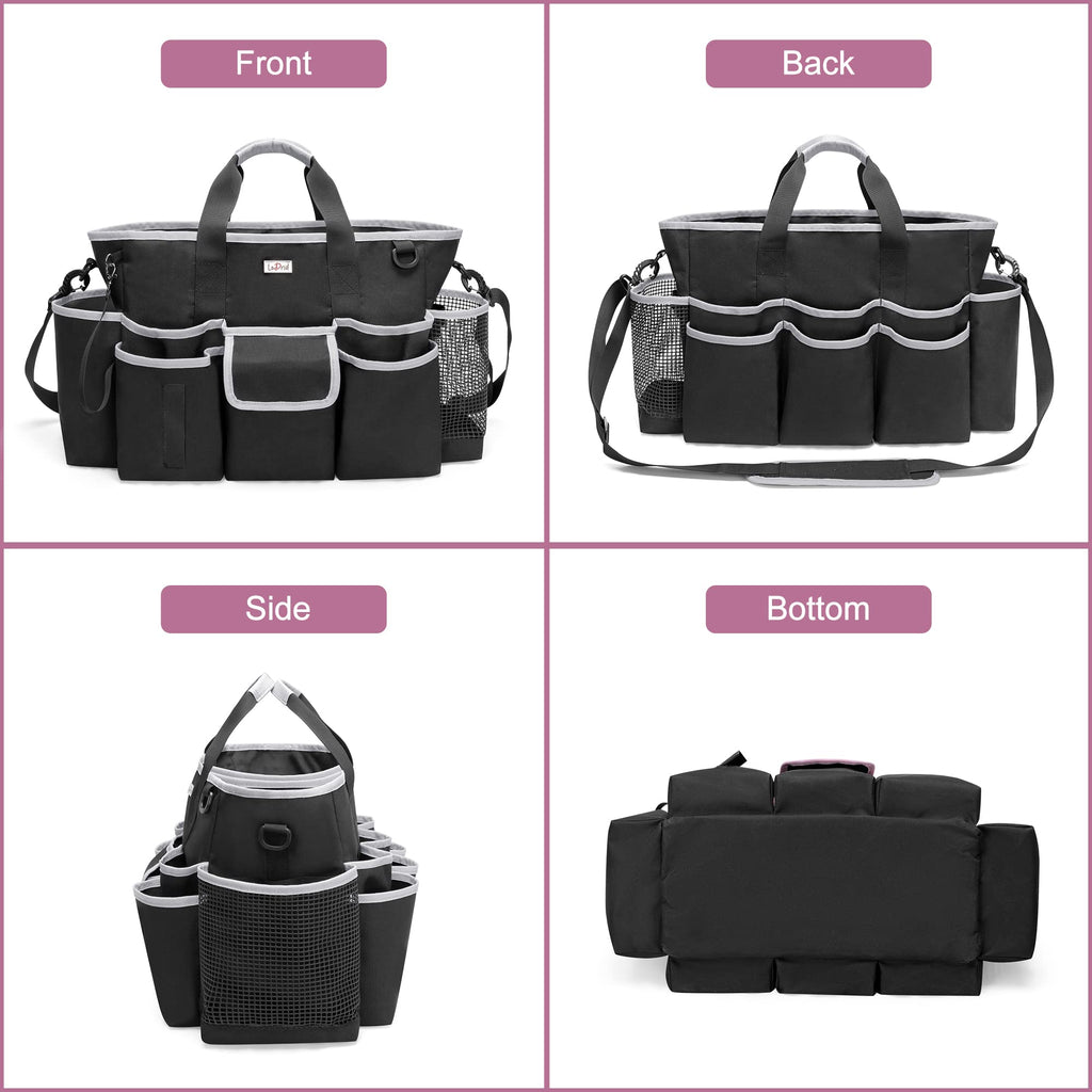 LoDird Cleaning Caddy Bag with 3 Compartments and Multifunctional Pockets, Cleaning Supplies Organizer for Cleaning Work with Handle and Shoulder Strap, Gray