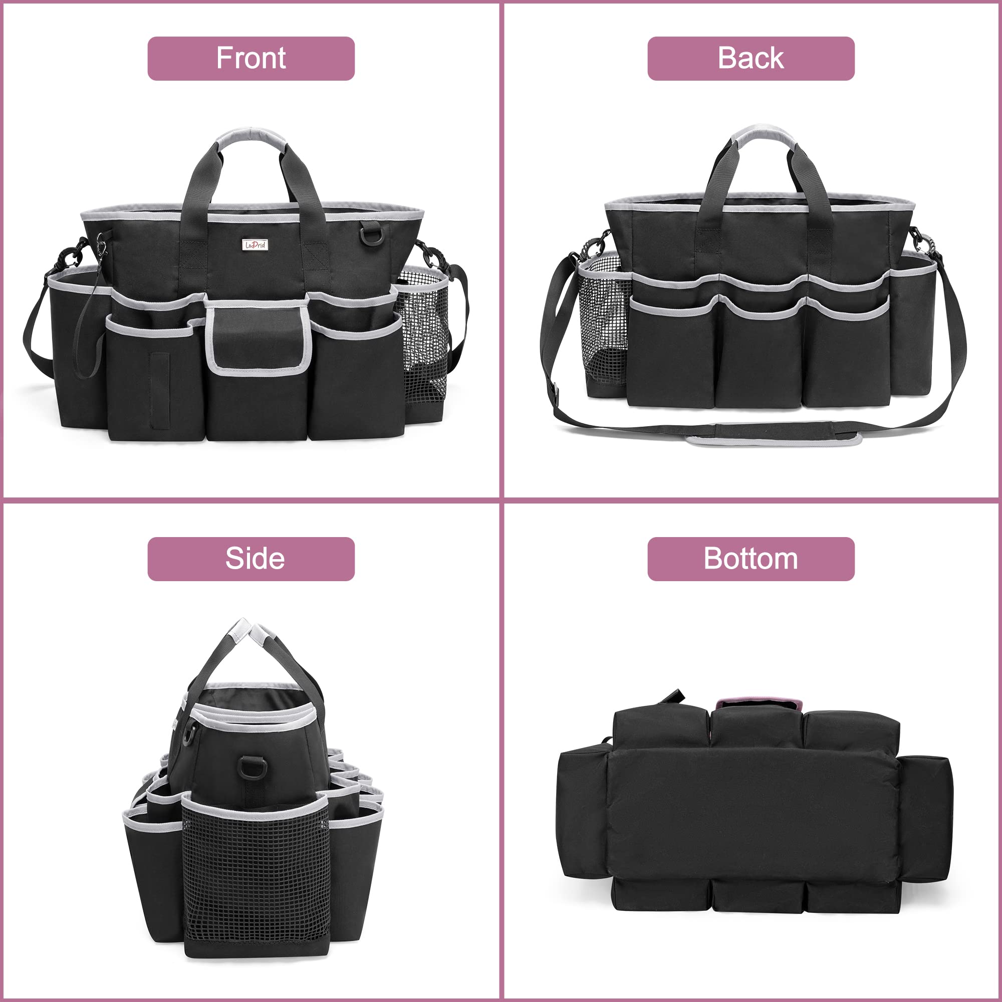 LoDird Cleaning Caddy Bag with 3 Compartments and Multifunctional Pockets, Cleaning Supplies Organizer for Cleaning Work with Handle and Shoulder Strap, Gray