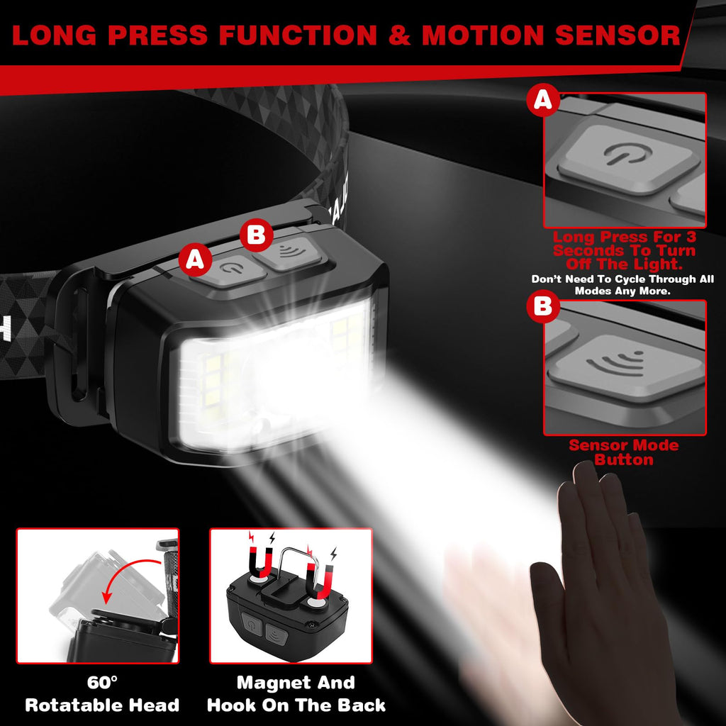 Headlamp Rechargeable 2 Packs,2000 Lumen Super Bright Motion Sensor 16 Modes (Individual Control) LED Headlamp,Waterproof Lightweight Flashlight Hard Hat Light for Outdoor Camping Fishing Running