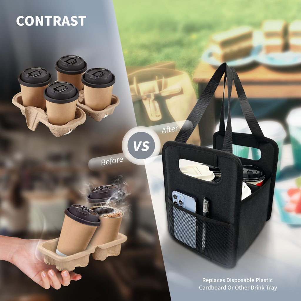 NENYX Reusable 4 Cup Drink Carrier with Handle and Adjustable Dividers, Insulated Caddy for Take Out, Foldable Coffee Cup Holder for Hot & Cold Drinks (Black)