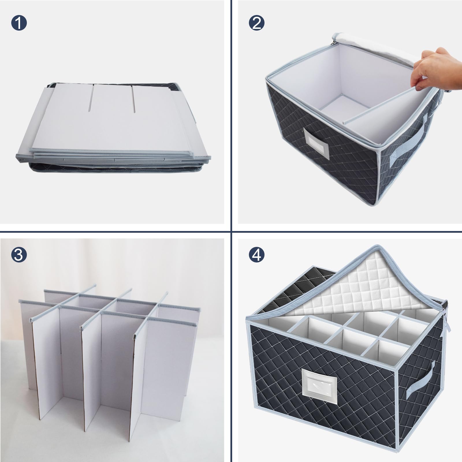 VERONLY Wine Glass Storage Box with Dividers Holds 24 Stemware Storage Cases or China Crystal Glassware Containers with Handles and Lable Window (15.5" x 12.5"x10")-Set of 2 Grey