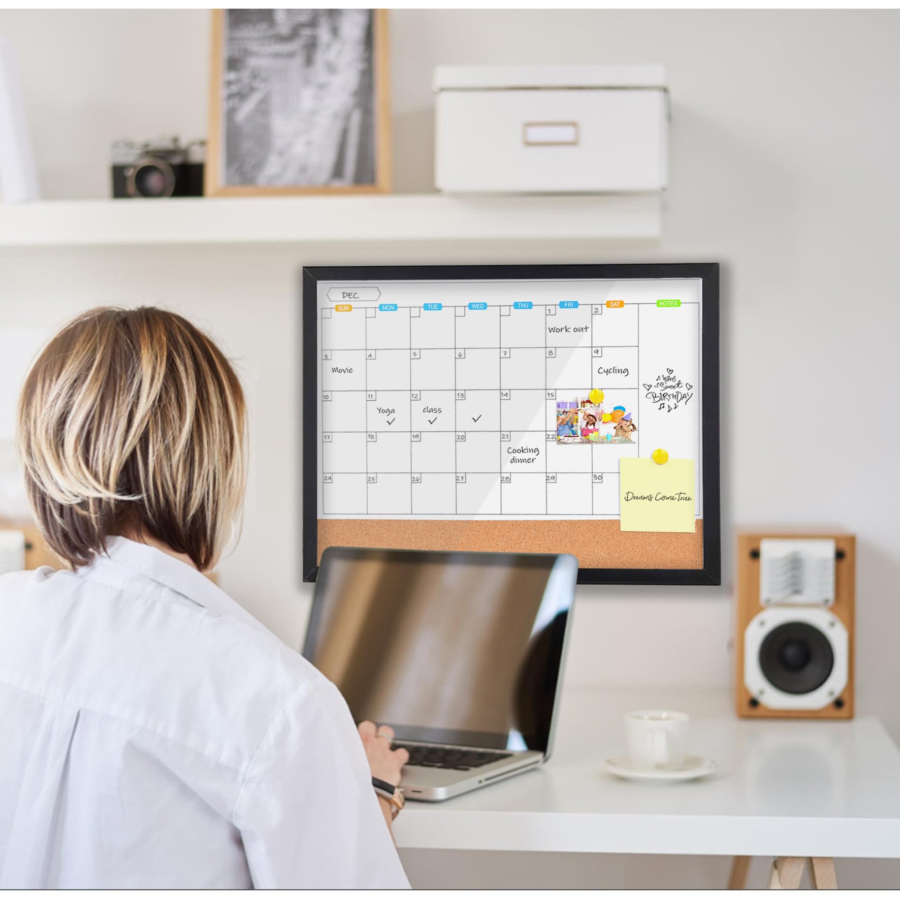Marribol Monthly Whiteboard Calendar with Cork Board for Wall, 17"x13",Magnetic Dry Erase Board with Black Wood Framed,2-1 Wall Planner Whiteboard,Bulletin Board with Pins for Home,School,Office