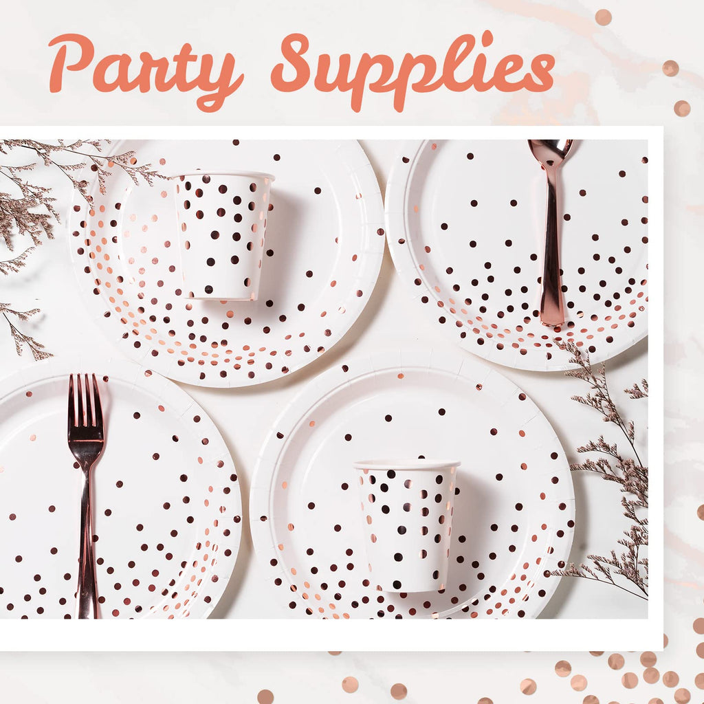 MATICAN 50-Pack Disposable Paper Plates - Elegant White & Rose Gold Foil Polka Dots, 9-Inch