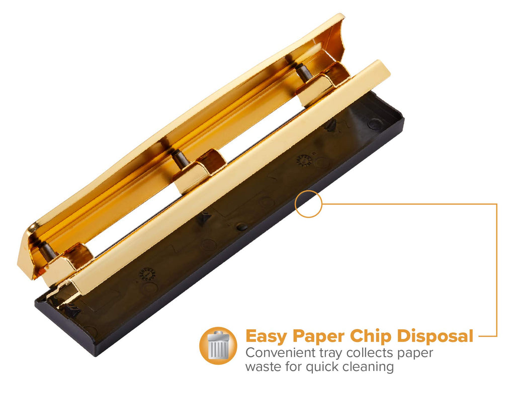 Bostitch Office 3 Hole Punch, 12 Sheet Capacity, Durable Metal, Gold Chrome, Rubber Base