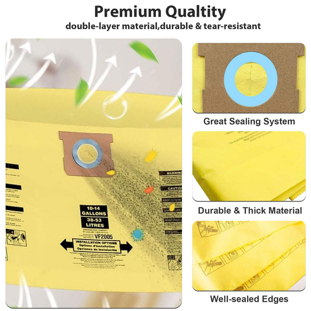 6 Pack Shop Vac Bags 10-14 Gallon, Vacuum Bags Compatible with Shop vac Type I 90672 9067200, Type F 90662 9066200 9066233, Double Layer Disposable Dust Collection Bags Wet/Dry Vacuums