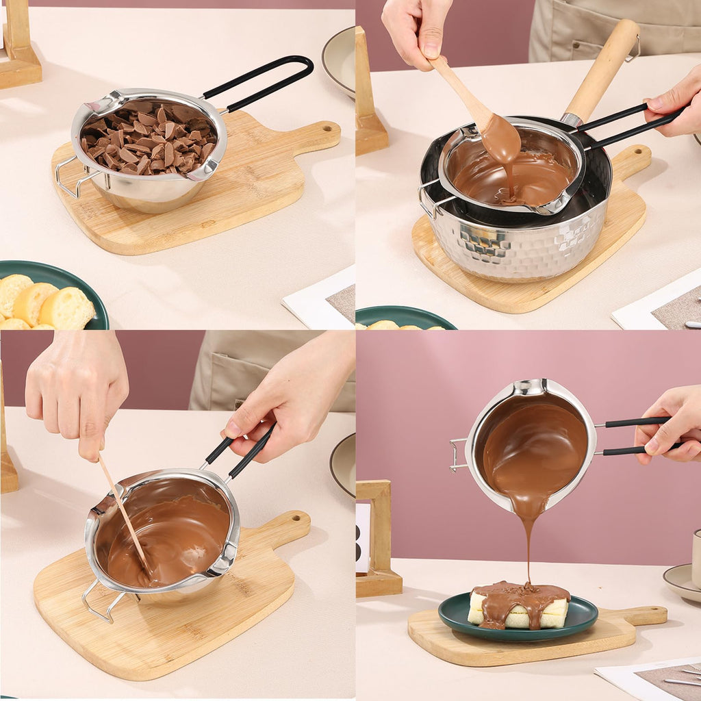 Uhuida 600ml Double Boiler, 304 Stainless Steel Bain Marie, Chocolate Melts Pot with Stirring Spoon, Stove Top Double Boilers for Butter, Candy, Cheese, Candles(Silver)