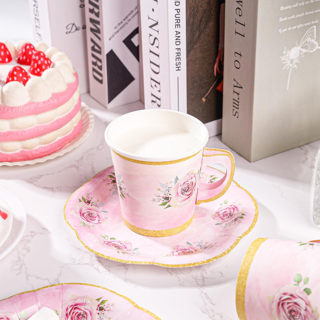 Pink Floral Disposable Paper Tea Cups and Plates Set of 100 with Gold Rim for Hot and Cold Drinks for Wedding, Birthday, Baby Shower, Tea Party, Tea Party Supplies for 50