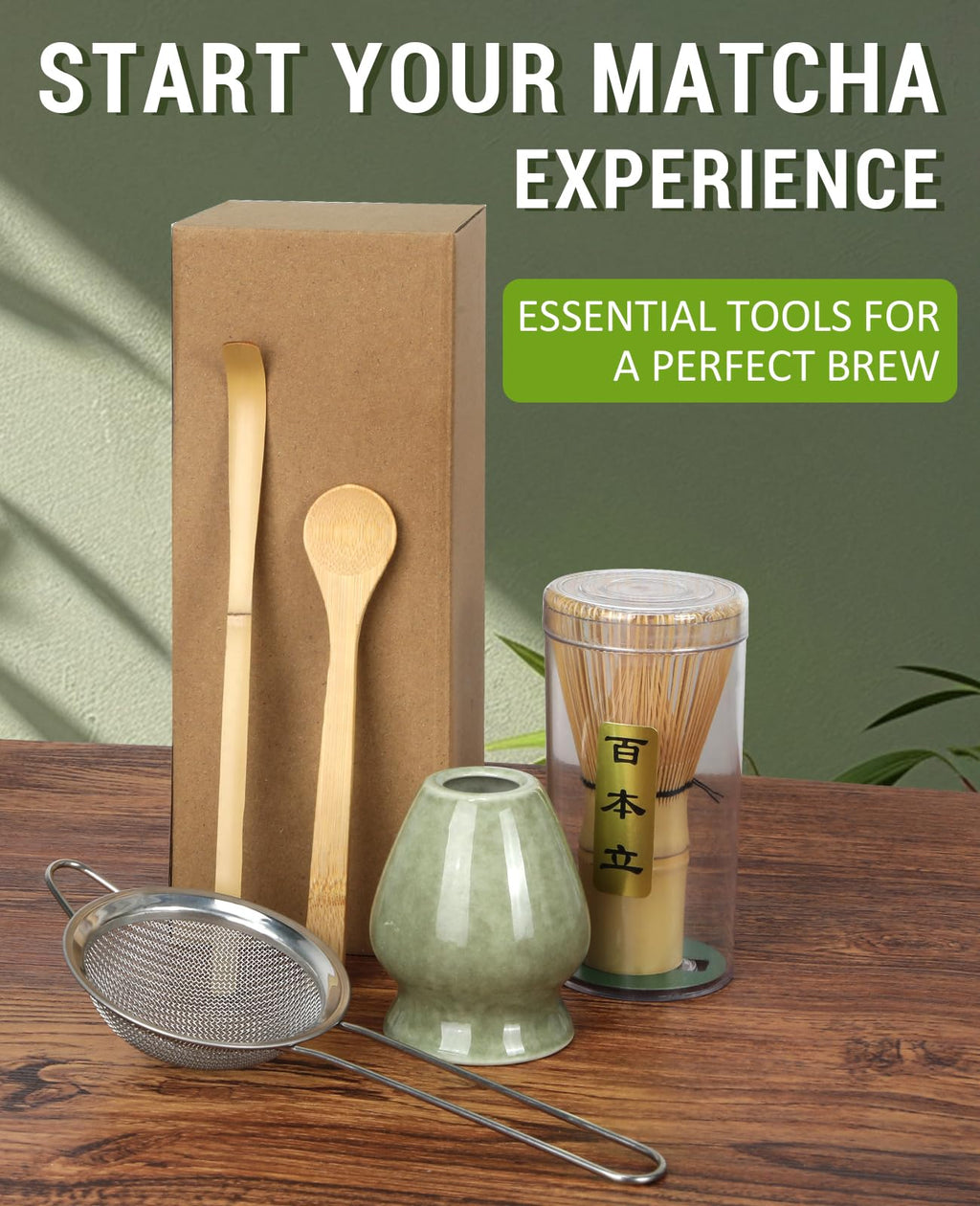 Matcha Whisk Set, 5 Pieces with Bamboo Matcha Whisk, Ceramic Chasen Holder, Powder Starter Sifter, Bamboo Scoop, Spoon, Matcha Tea Making Tools for Starter Matcha Lovers