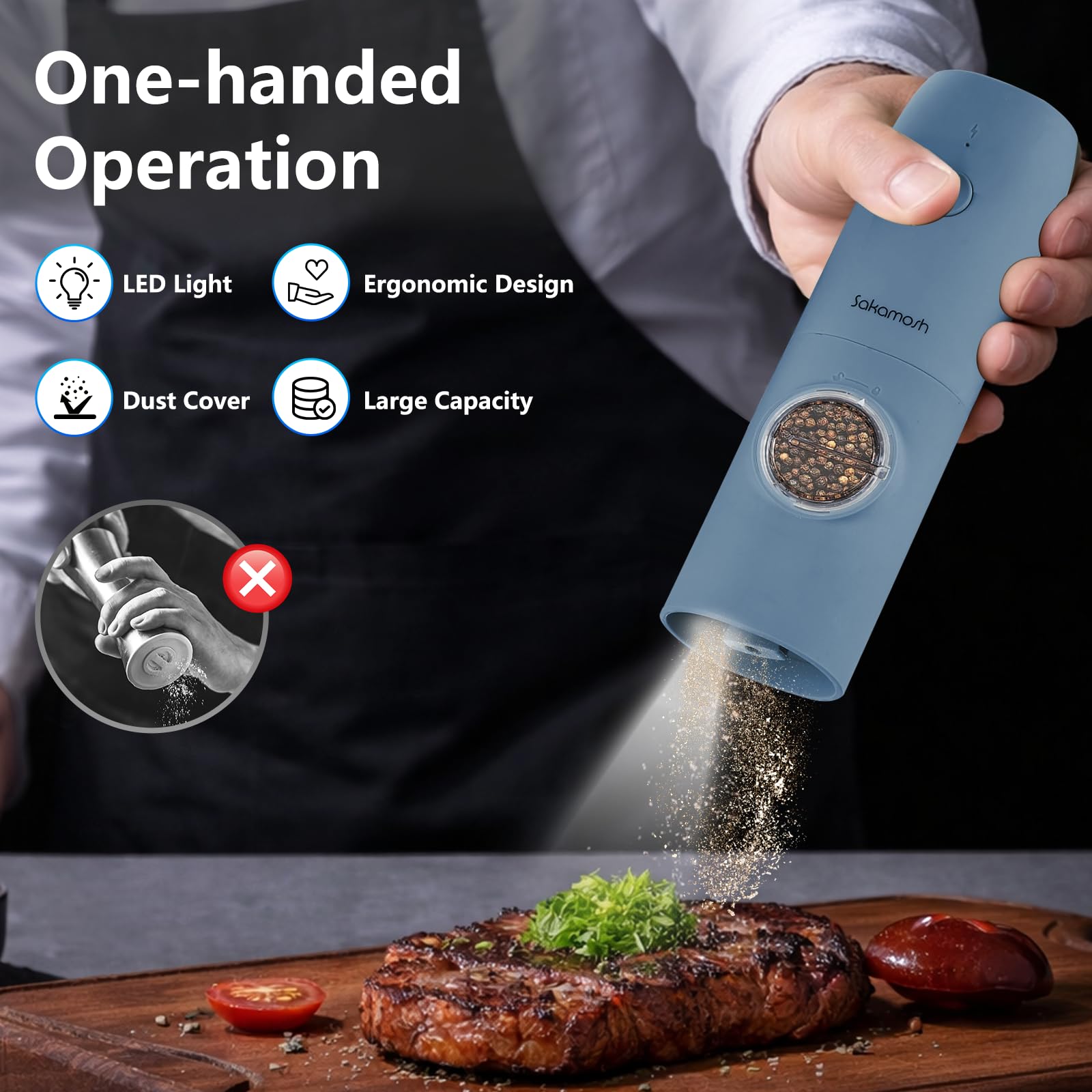 SAKAMOSH Electric Salt and Pepper Grinder Set, Rechargeable,Adjustable Coarseness with LED Light, Electric Salt and Pepper Shakers Refillable(2 Packs, Blue)