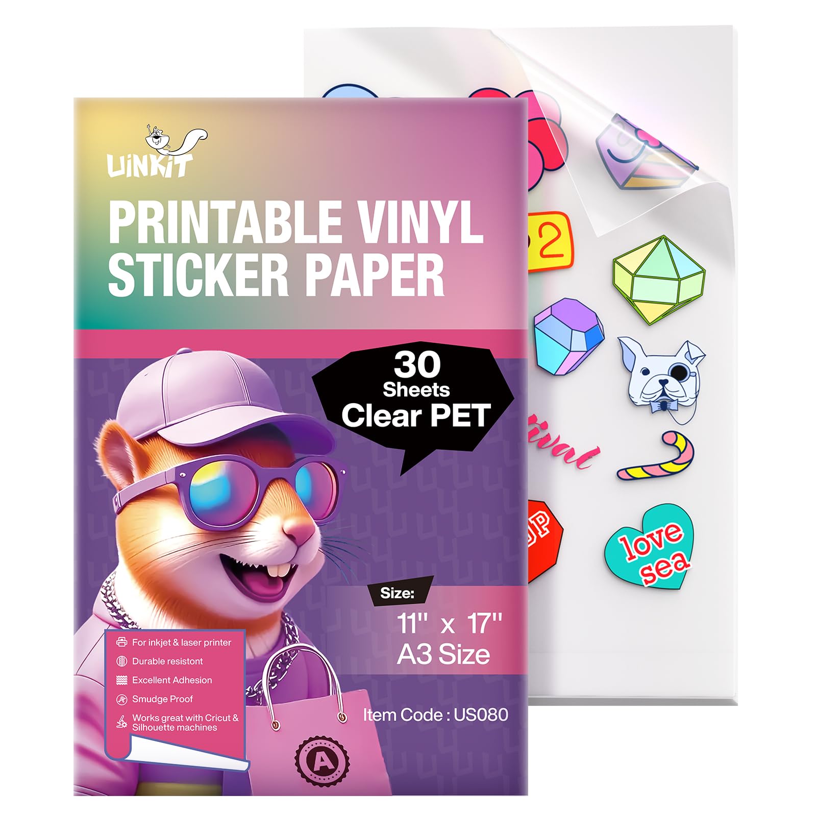 Uinkit 100% Clear Vinyl Sticker Paper for Inkjet Printer,30 Sheets Printable Transparent Sticker Paper 11x17 inches for DIY Projects,Waterproof, Great for Cutting Machines