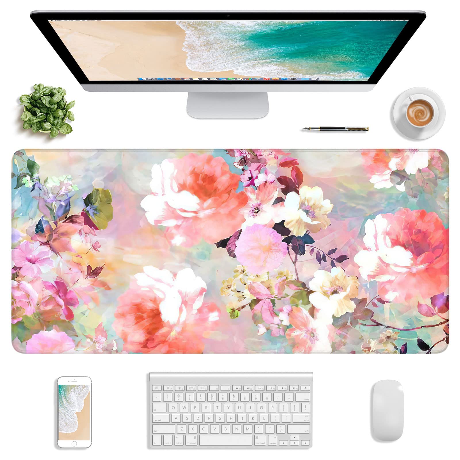 Atufsuat Extended Gaming Mouse Pad, XXL Large Desk Pad 30 x 14 Inch, Big Computer Keyboard Mousepad, Waterproof Mouse Mat with Stitched Edges and Non-Slip Base for Women Office Gaming, Flower
